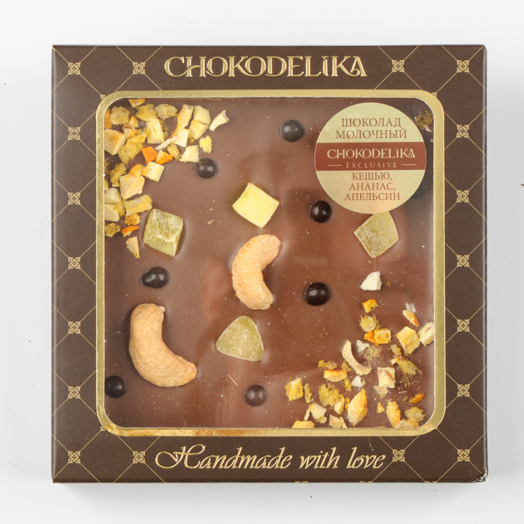 

Шоколад молочный Кешью, ананас, апельсин с украшением (75г)