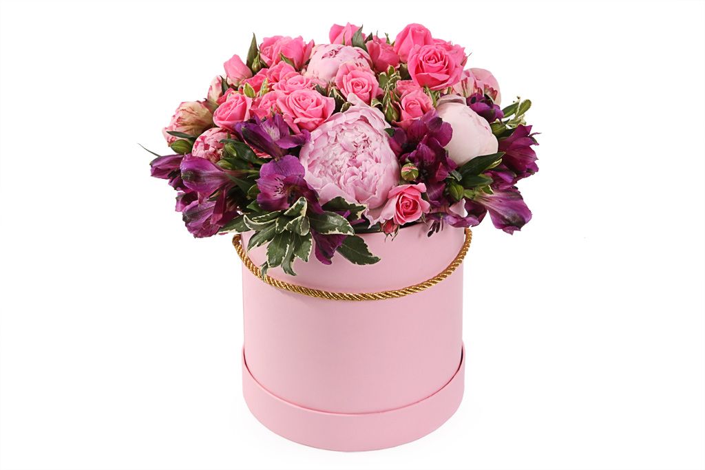 Букет Рассветный мираж в шляпной коробке шляпная коробка розовая 23 х 23 см