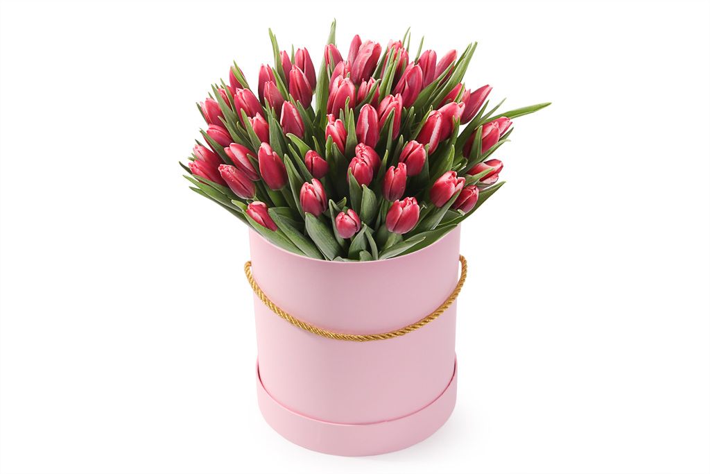 Букет 51 королевский тюльпан в розовой коробке, алые шляпная коробка розовая 23 х 23 см