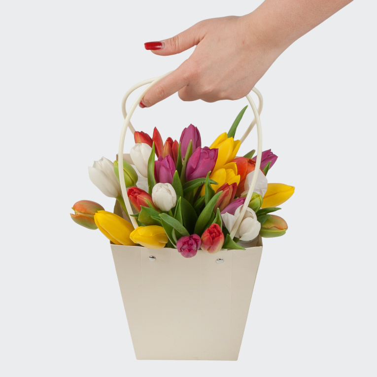 Тюльпаны в коробке Радужное настроение (25 шт)