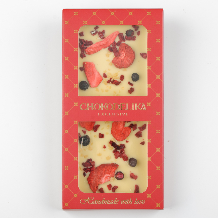 

Шоколад белый Клубника, вишня, карамель с украшением (80г)