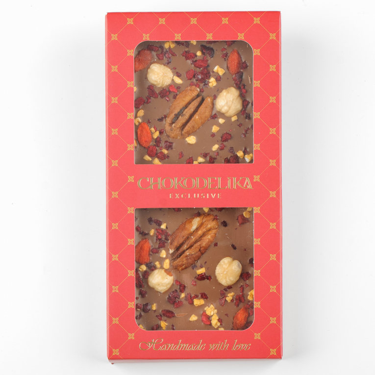 

Шоколад молочный Пекан, вишня, фундук с украшением (100г)