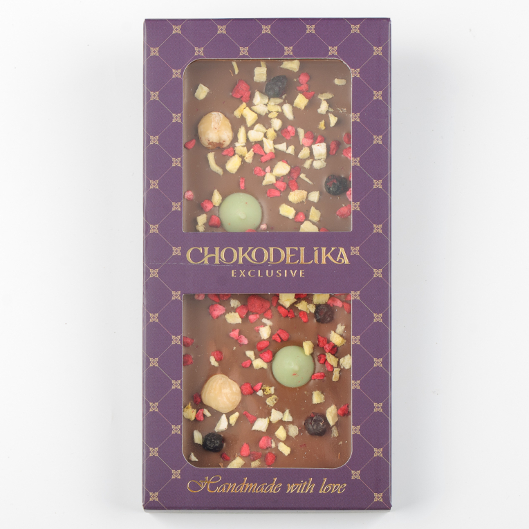 

Шоколад молочный Манго, фундук, лайм с украшением (80г)