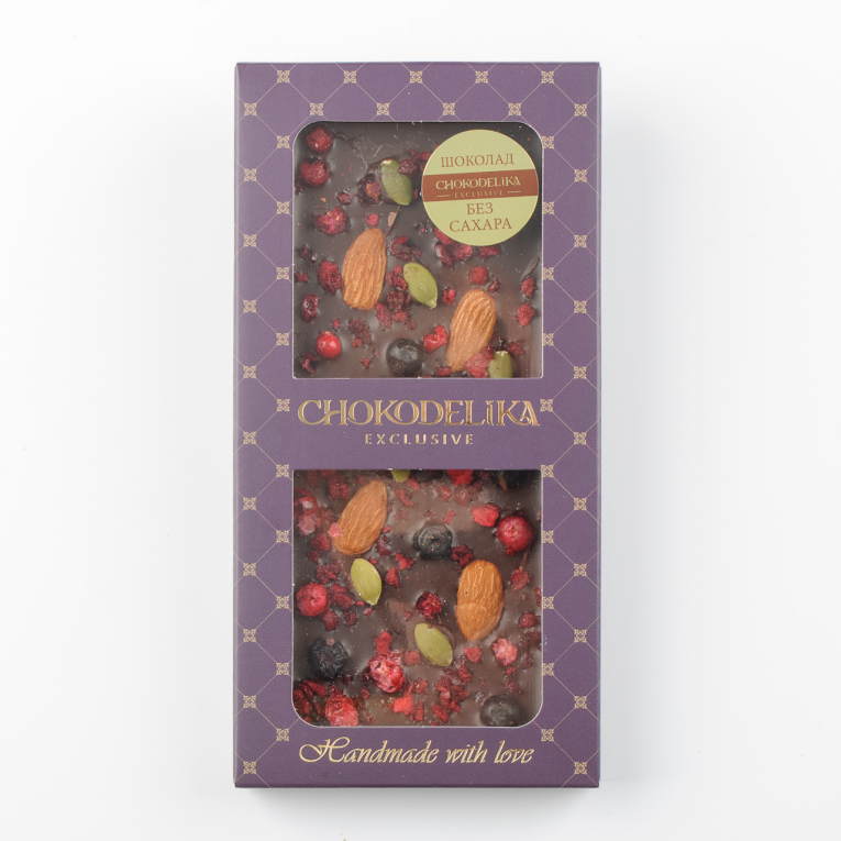 

Шоколад горький SUGAR FREE миндаль, черника, вишня (80г)