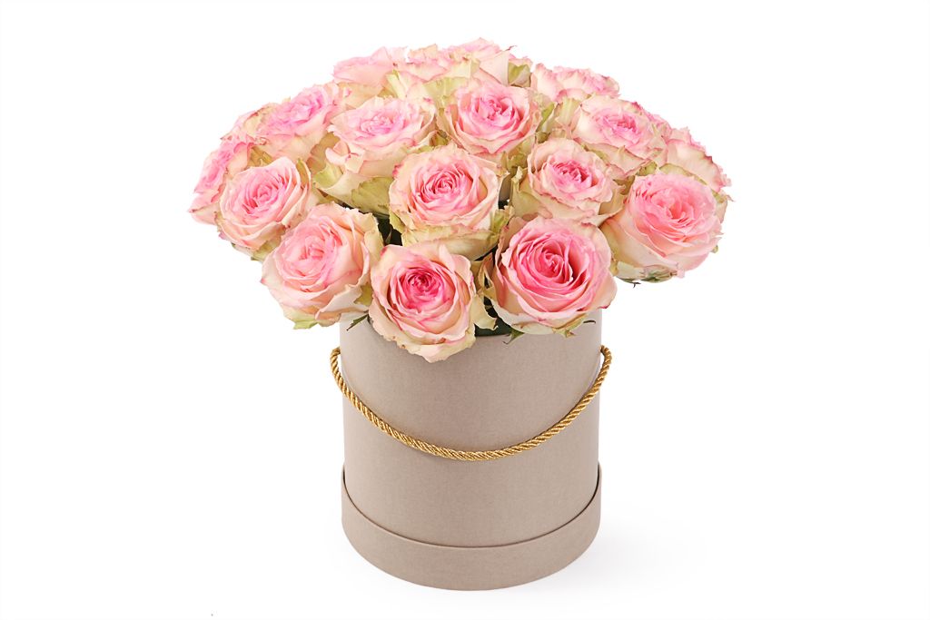 Букет 25 роз Эсперанс в шляпной коробке шляпная коробка розовая 23 х 23 см