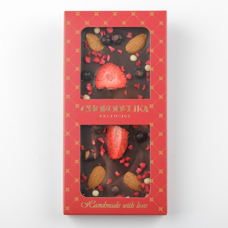 

Шоколад темный Миндаль, смородина, малина с украшением (100г)