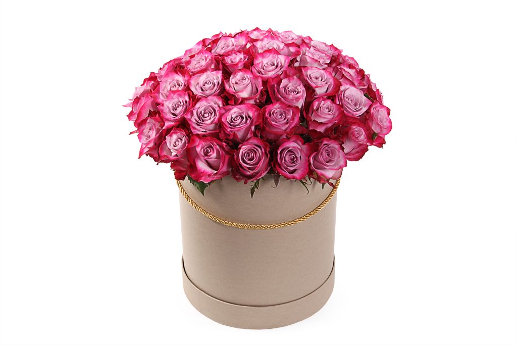 Букет 51 роза Дип Перпл в шляпной коробке букет 7 роз в шляпной коробке с зеленью