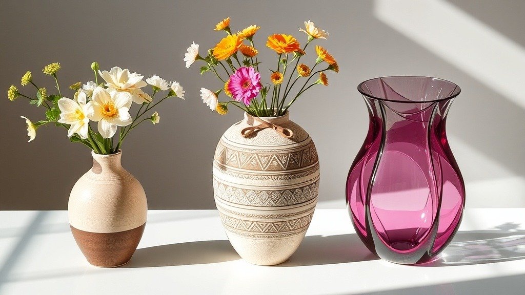 Необычные сосуды для букетов от керамики до переработанного стекла, представленные на элегантном фоне.