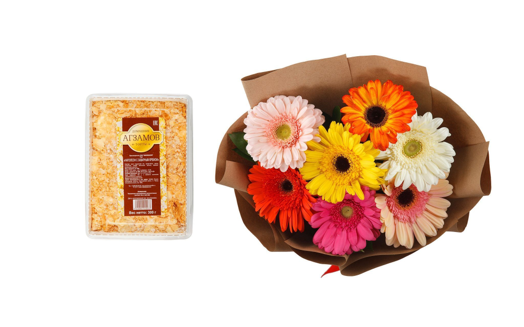 Букет из 7 гербер Раскраска + торт «Наполеон» (300 г)