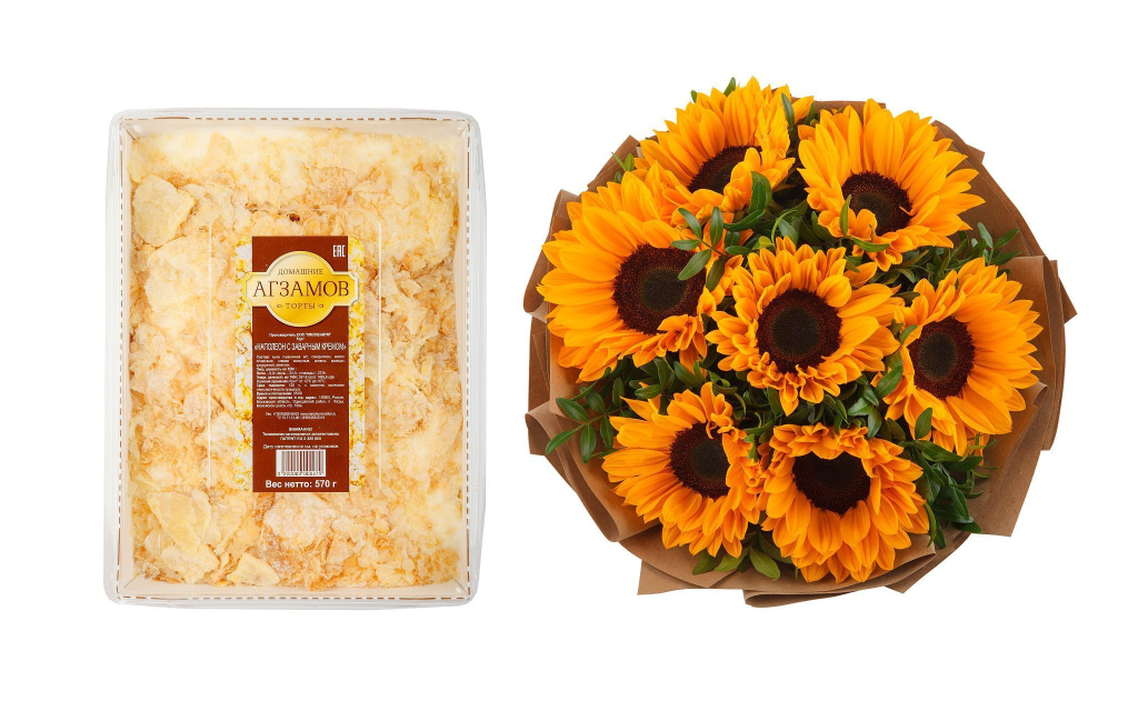 Букет с подсолнухами Солнечное лето + торт «Наполеон» (570 г)