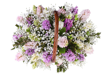 Букет с гиацинтами Дом у озера в корзине