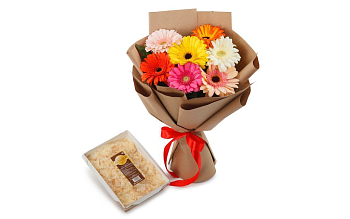 Букет из 7 гербер Раскраска + торт «Наполеон» (570 г)