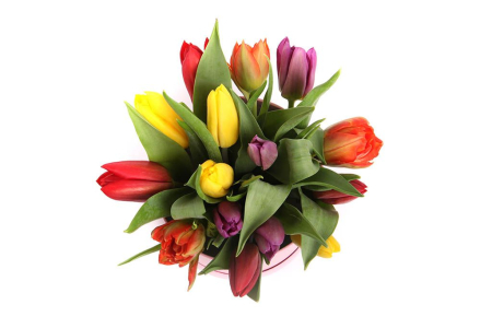 Букет 15 тюльпанов микс в розовой шляпной коробке