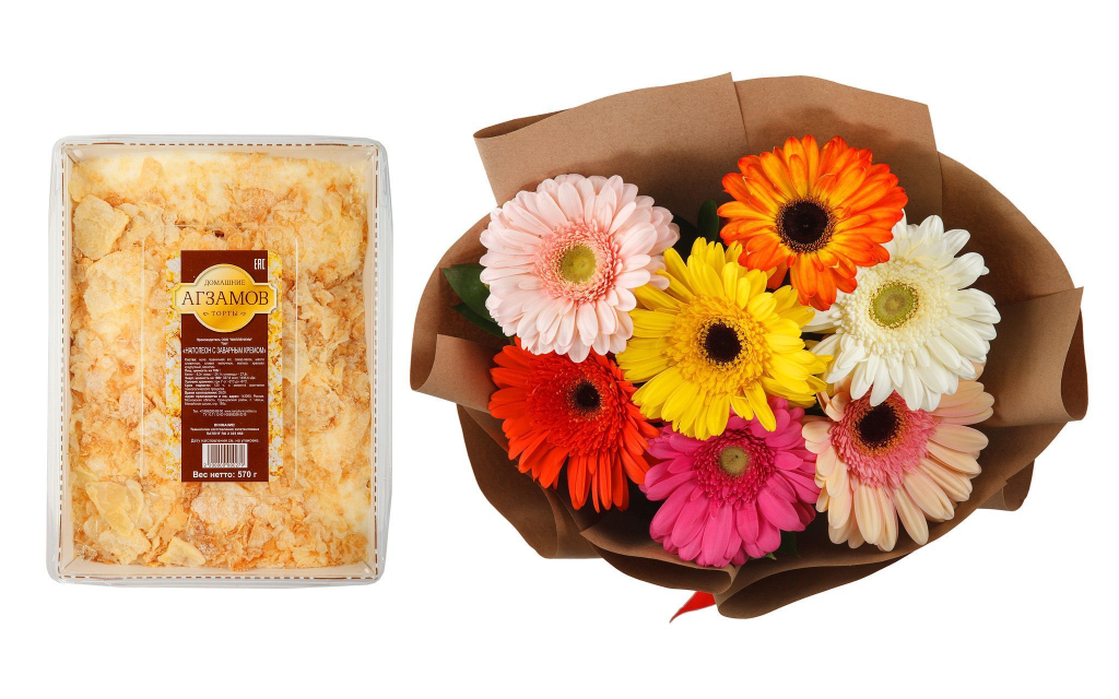 Букет из 7 гербер Раскраска + торт «Наполеон» (570 г)