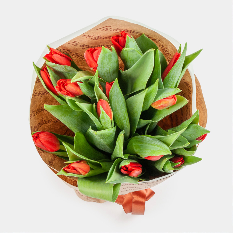 Букет 15 тюльпанов Слова любви, красные