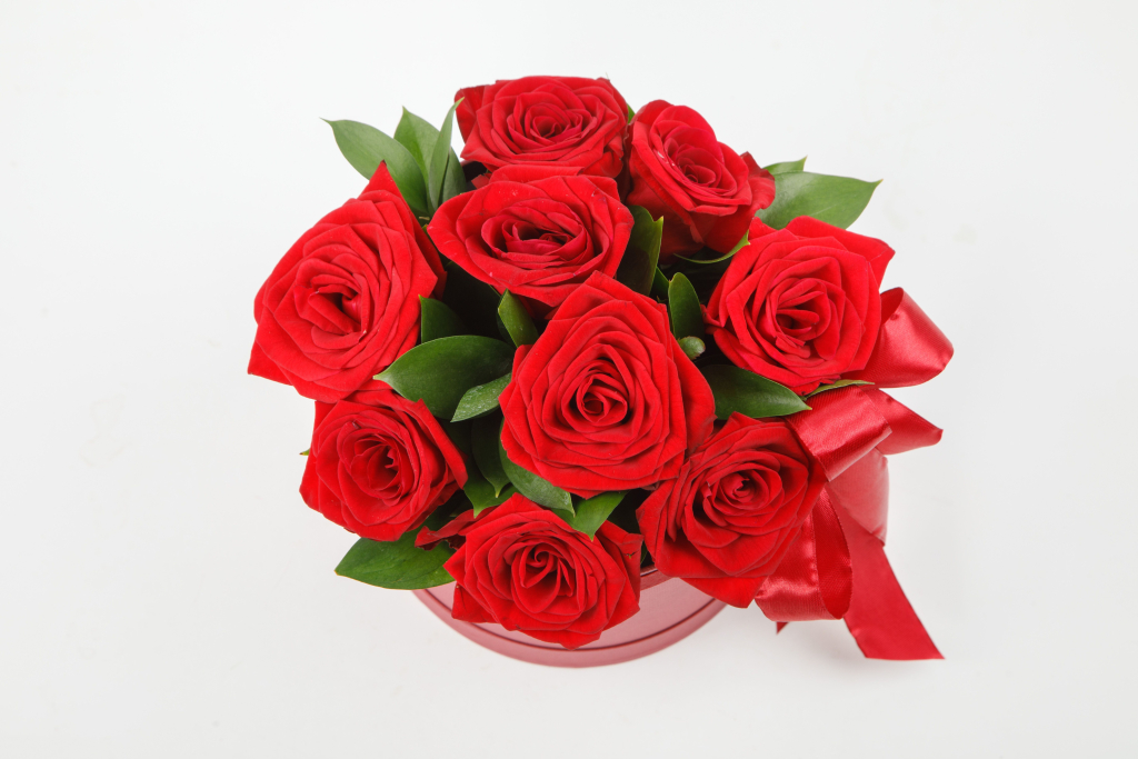 Цветы в коробке 9 красных роз Поцелуй меня