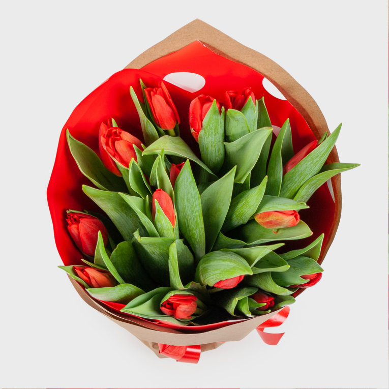 Букет 15 тюльпанов, красные
