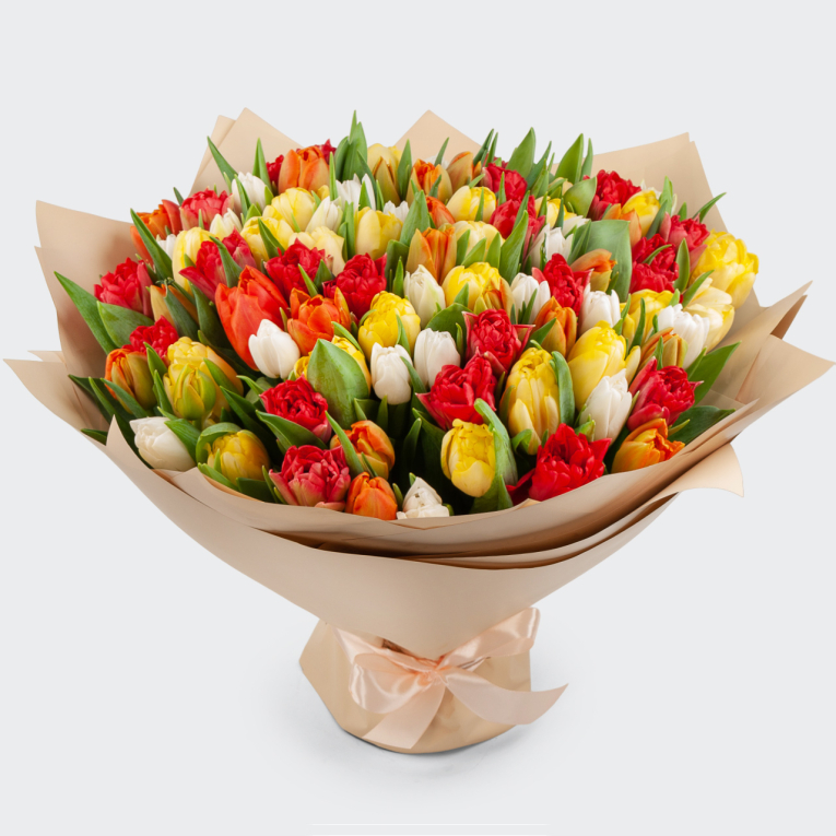 Букет 101 тюльпан Разноцветная заря