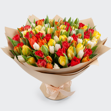 Букет 101 тюльпан Разноцветная заря