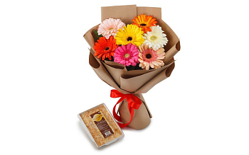 Букет из 7 гербер Раскраска + торт «Наполеон» (300 г)