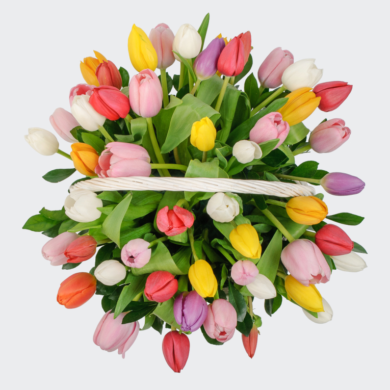 Букет 51 тюльпан в корзине Невинное удовольствие