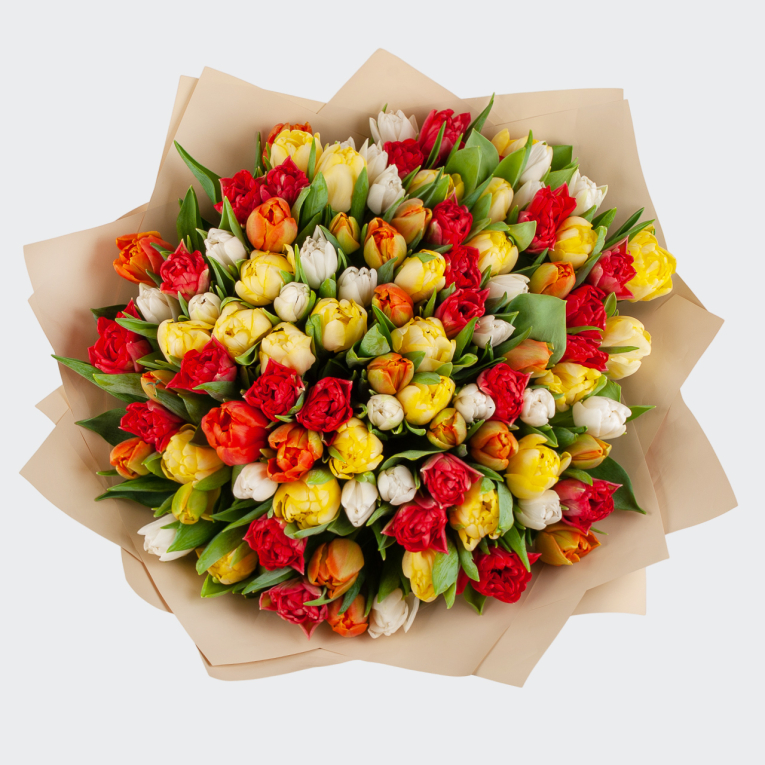 Букет 101 тюльпан Разноцветная заря