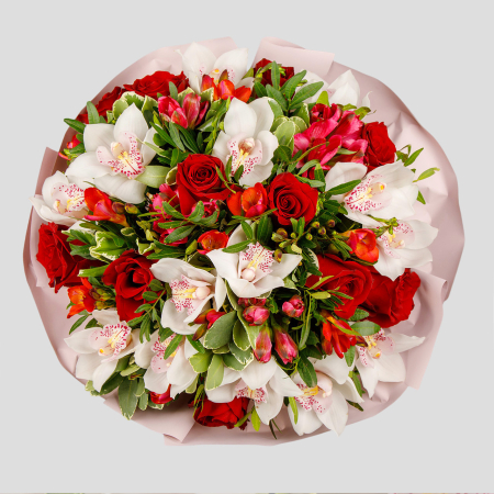 Букет Утренняя звезда (розы, орхидеи, альстромерии)