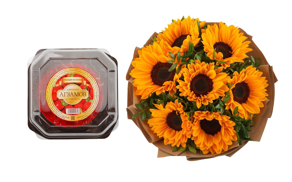 Букет с подсолнухами Солнечное лето + торт «Пломбир-клубника»