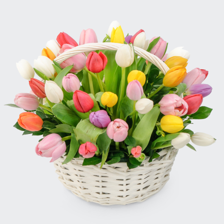 Букет 51 тюльпан в корзине Невинное удовольствие