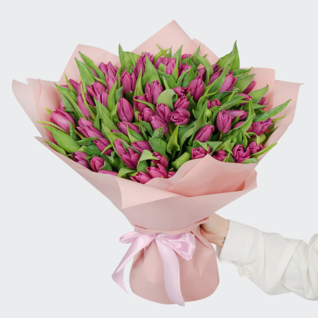 Букет 75 фиолетовых тюльпанов