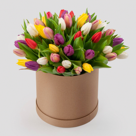 Букет 51 тюльпан в золотой коробке Нежные объятия