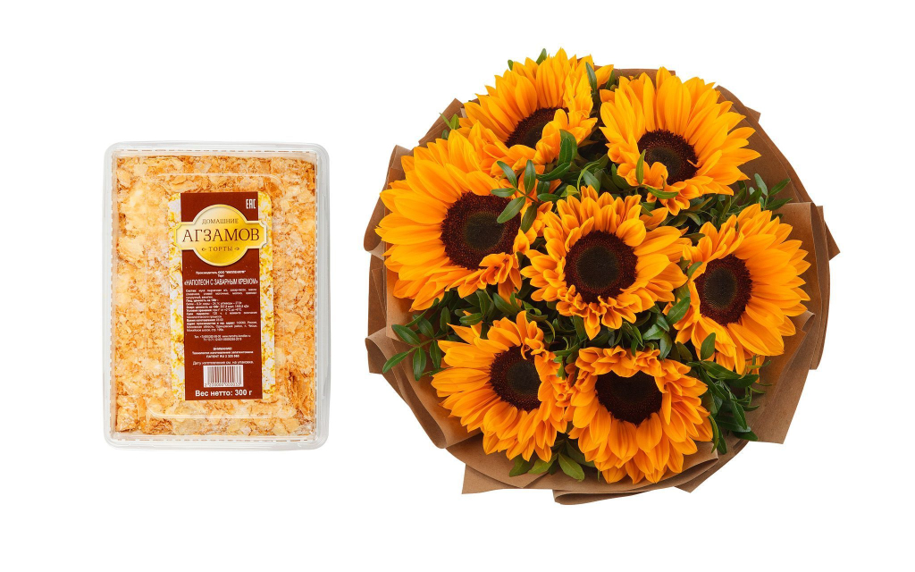 Букет с подсолнухами Солнечное лето + торт «Наполеон» (300 г)