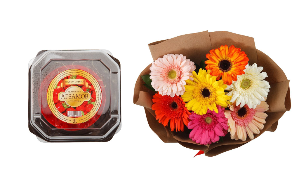 Букет из 7 гербер Раскраска + торт «Пломбир-клубника»