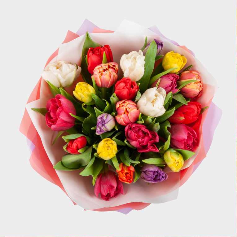 Букет 25 тюльпанов микс, в радужной упаковке